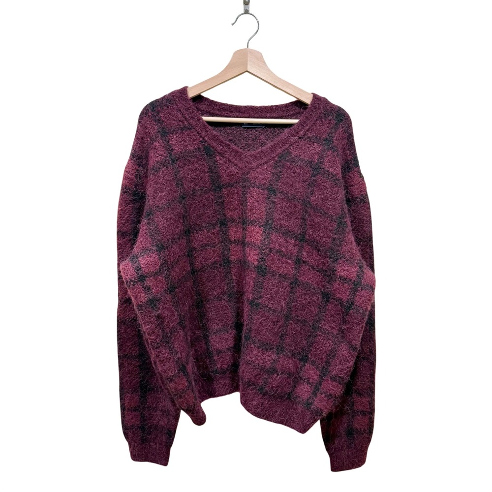 Gap Wool Blend Burgundy Plaid V-Neck Sweater Size Large